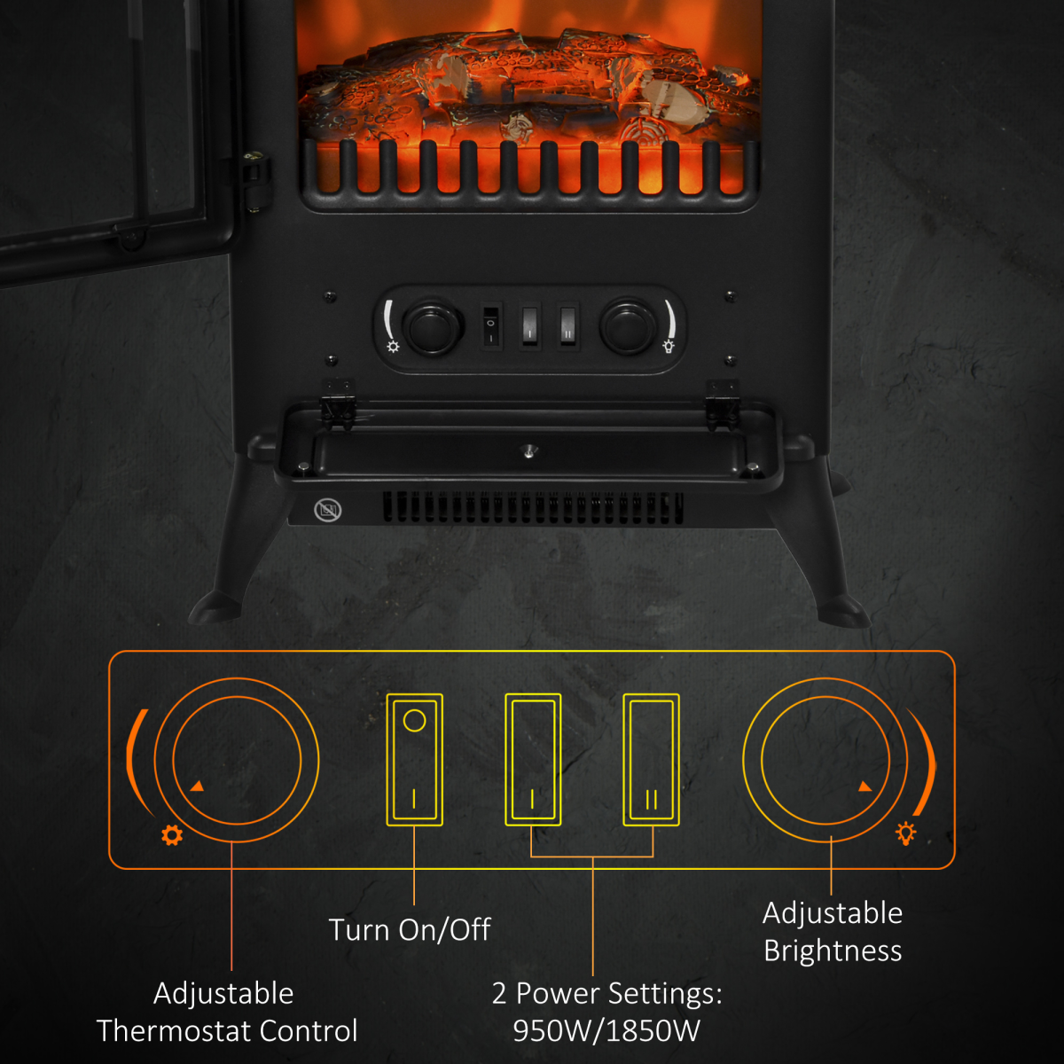 Electric Fire Place 1850W Heater Wood Burning Effect Flame Portable Black