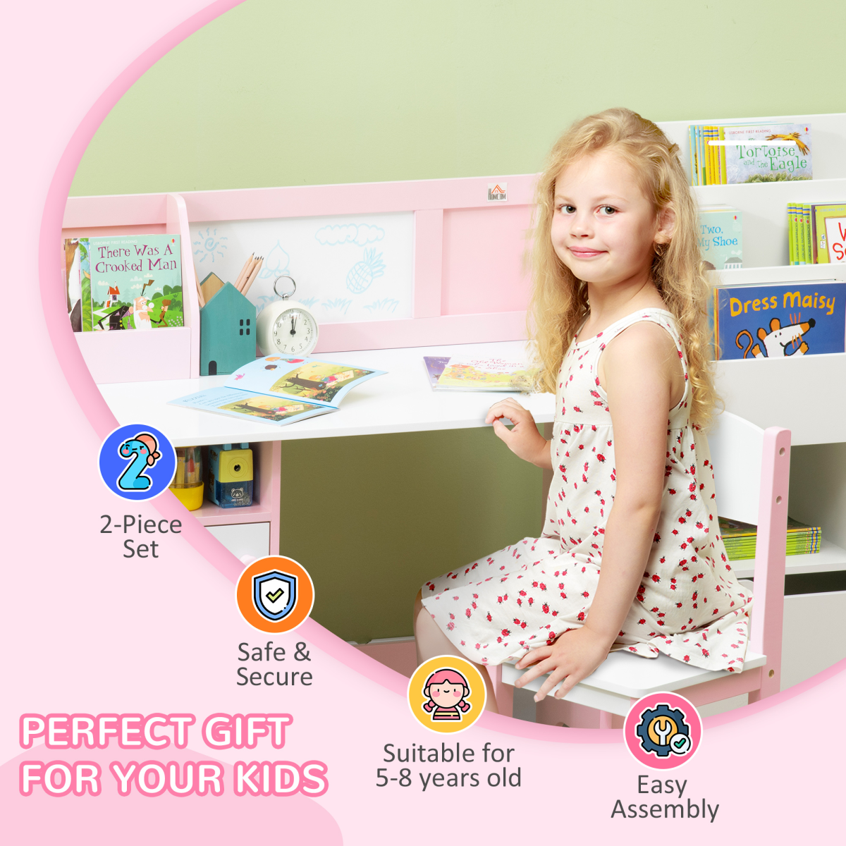 HOMCOM 2 PCs Childrens Table and Chair Set with Whiteboard Storage - Pink