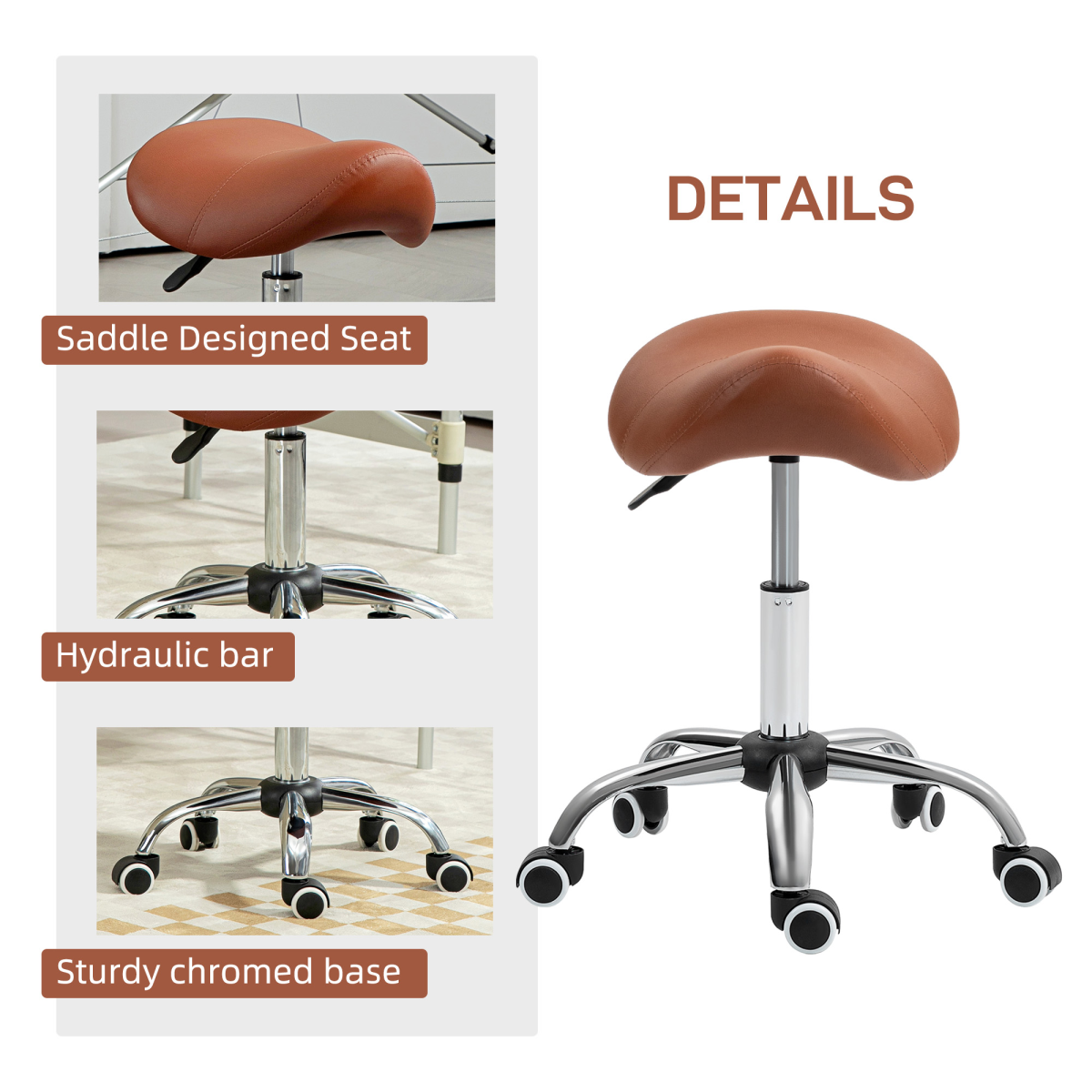 HOMCOM PU Leather Saddle Stool with Moulded Padded Seat Adjustable Height Brown