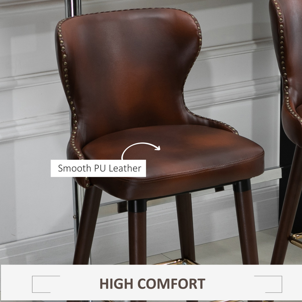 2 Pieces Home Luxury Bar Chair Stool, PU Leather European Style, Brown