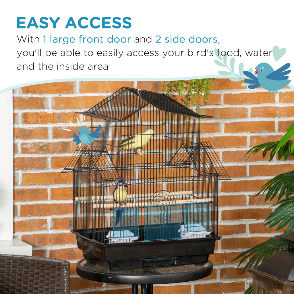Metal Bird Cage w/ Plastic Perch Food Container Handle 50.5 x 40 x 63cm Black