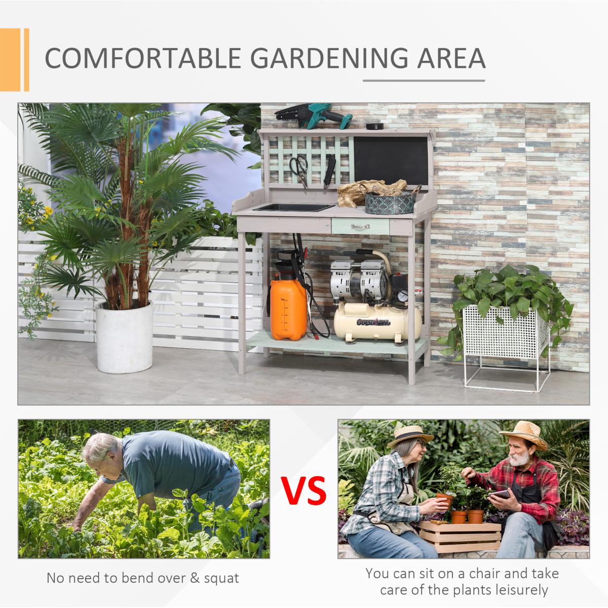 Outdoor Wooden Potting Table Bench Workstation Planting Shelves