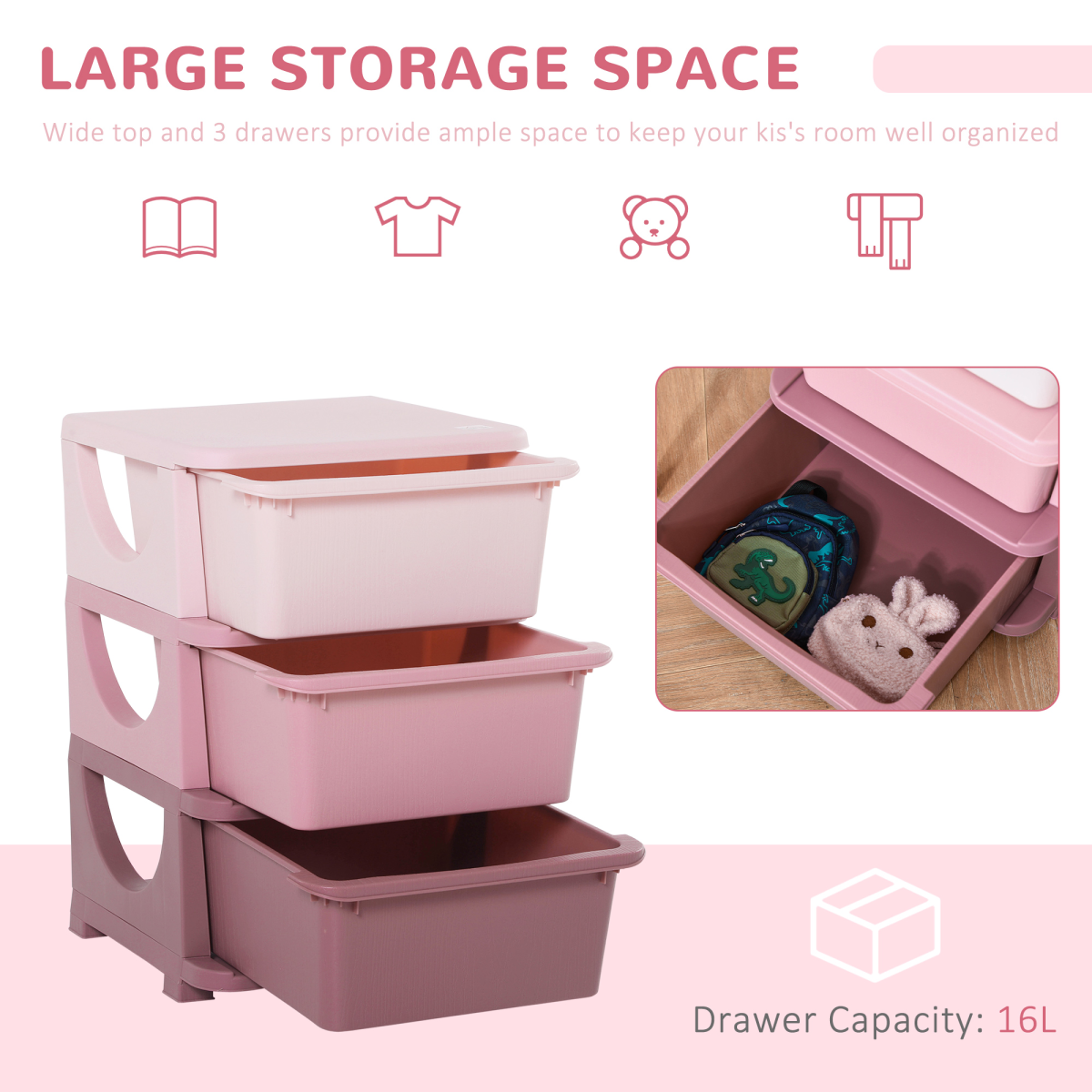 HOMCOM Kids Storage Units with Drawers 3 Tier Chest Vertical Dresser Tower
