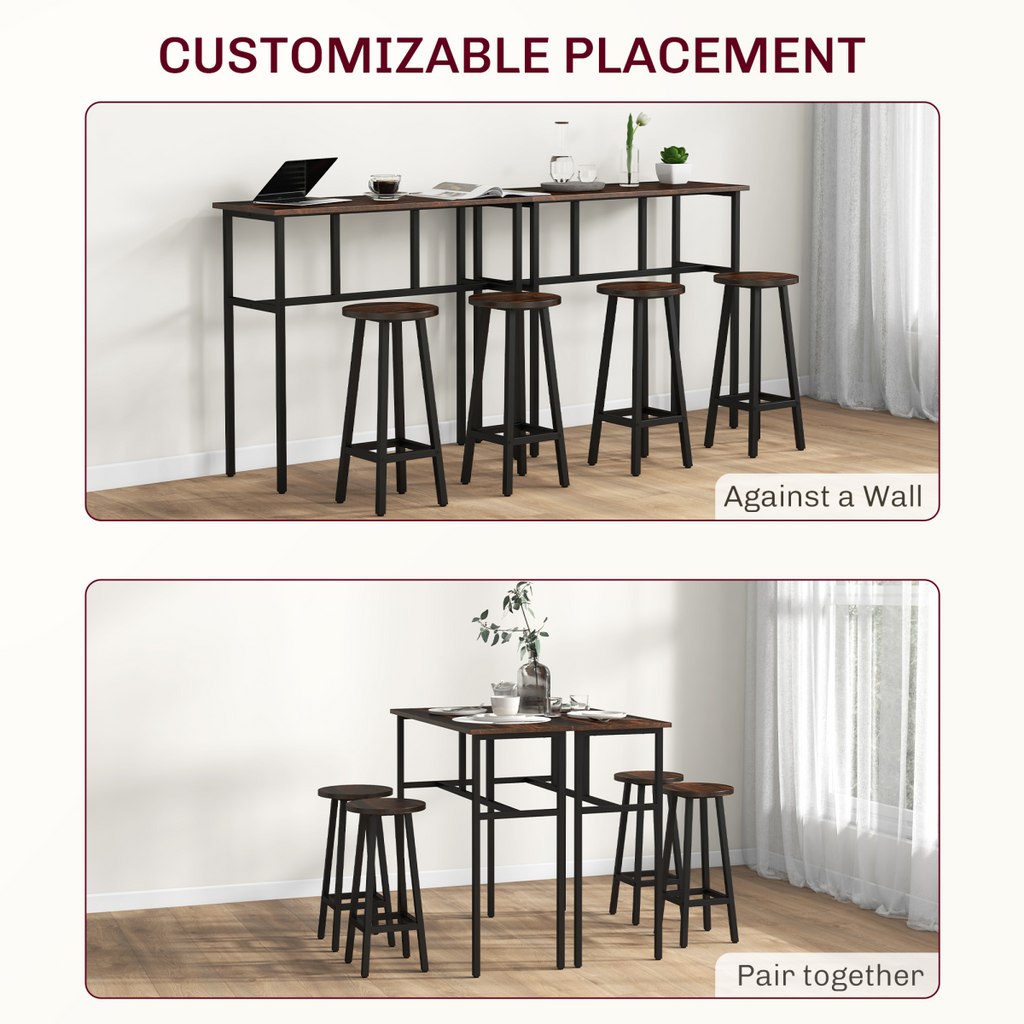 HOMCOM 6-Piece Industrial Bar Table Set, 2 Kitchen Tables with 4 Stools, Brown