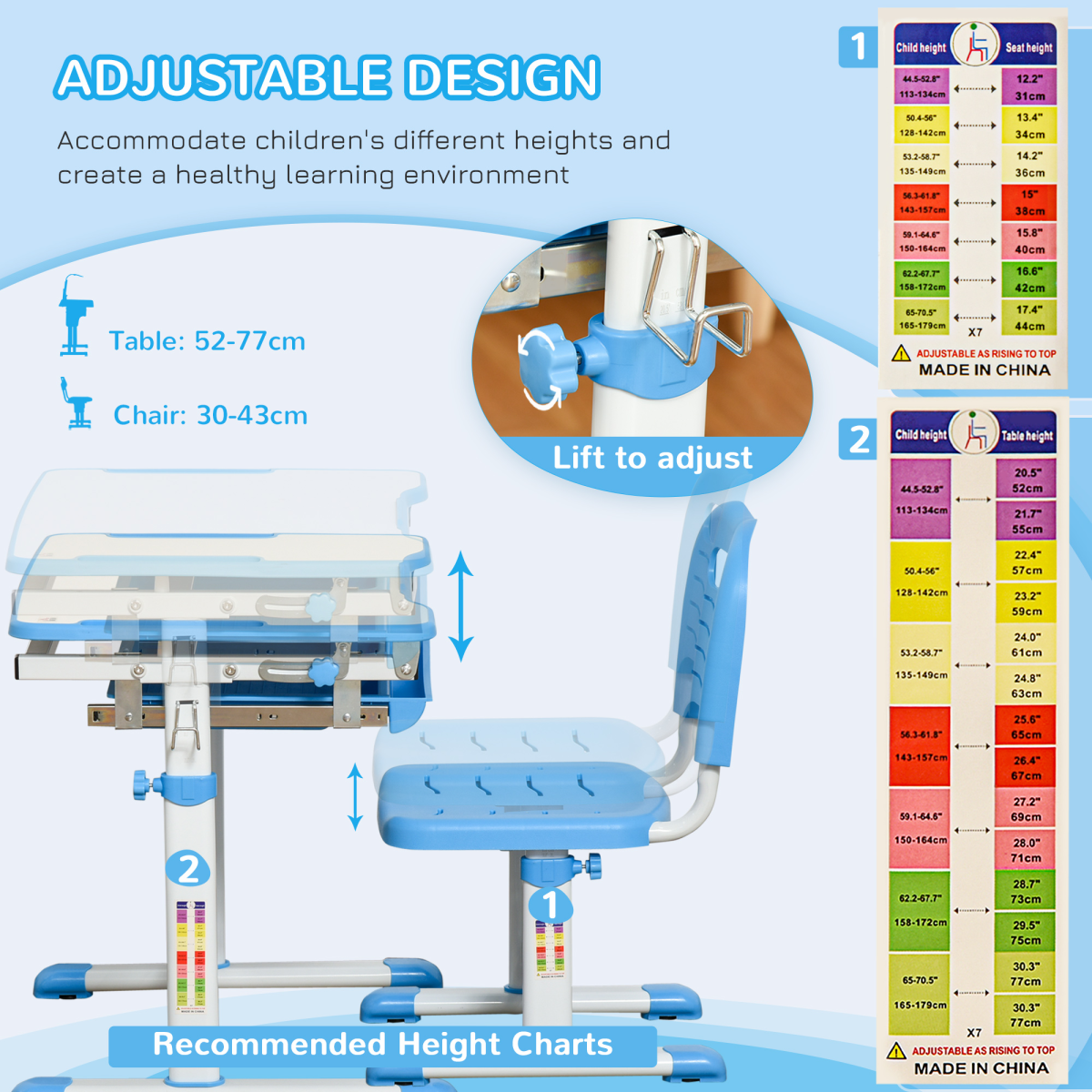 Kids Desk and Chair Set Adjustable Tiltable with Drawer Pen Slot Hook