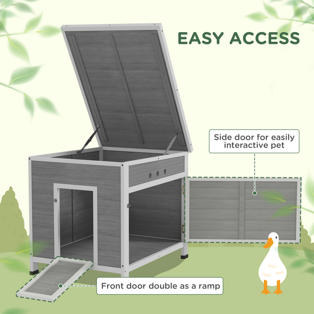PawHut Wooden Duck House, Poultry Coop with Double Doors, Openable Roof, Grey
