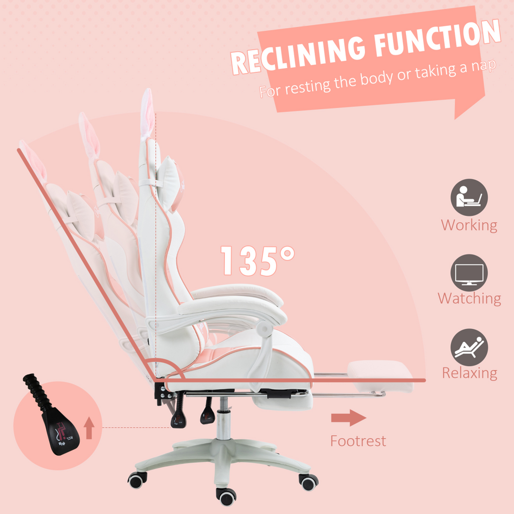 Vinsetto Racing Style Gaming Chair with Footrest Removable Rabbit Ears, Pink