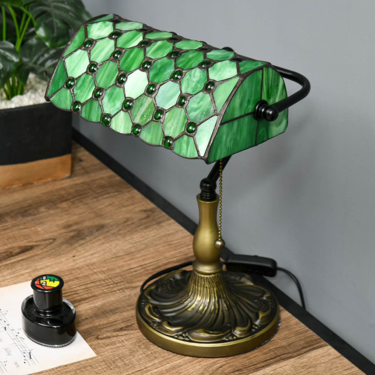 HOMCOM Stained Glass Table Lamp, for Bedroom Bedside, Bulb not Included