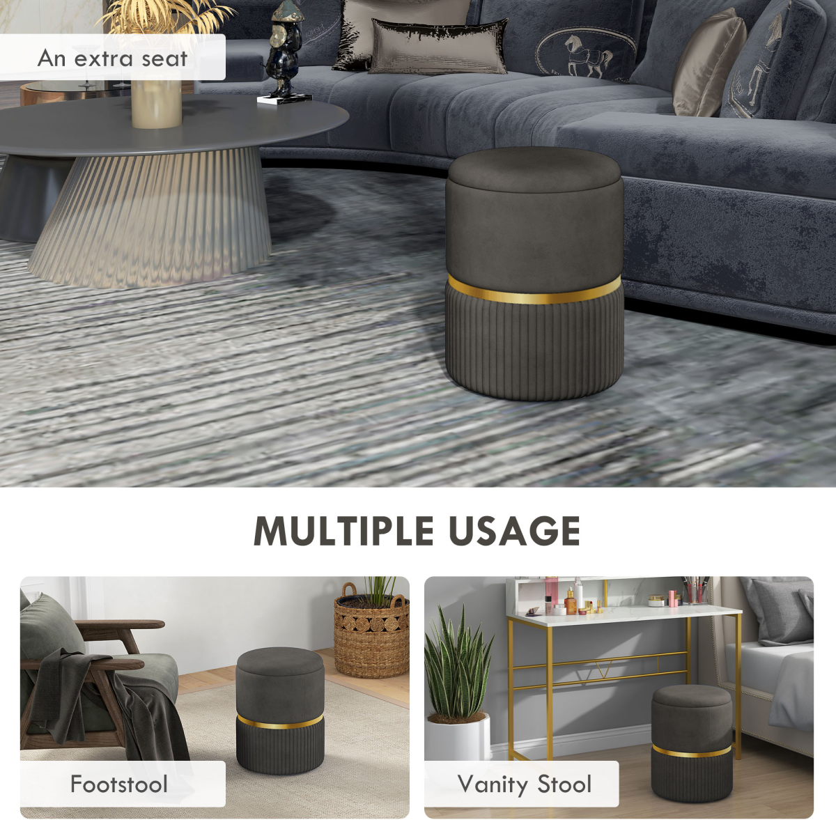 HOMCOM Round Pouffe, Storage Footstool with Cushioned Top, Hidden Space