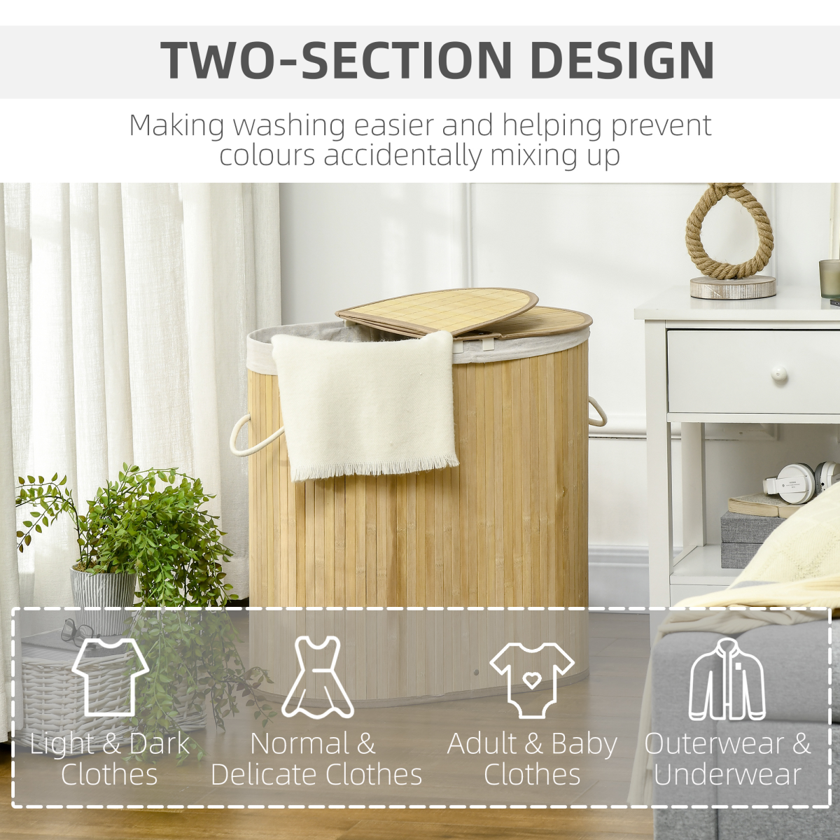 100L Bamboo Laundry Basket with 2 Compartments Washing Baskets Natural HOMCOM