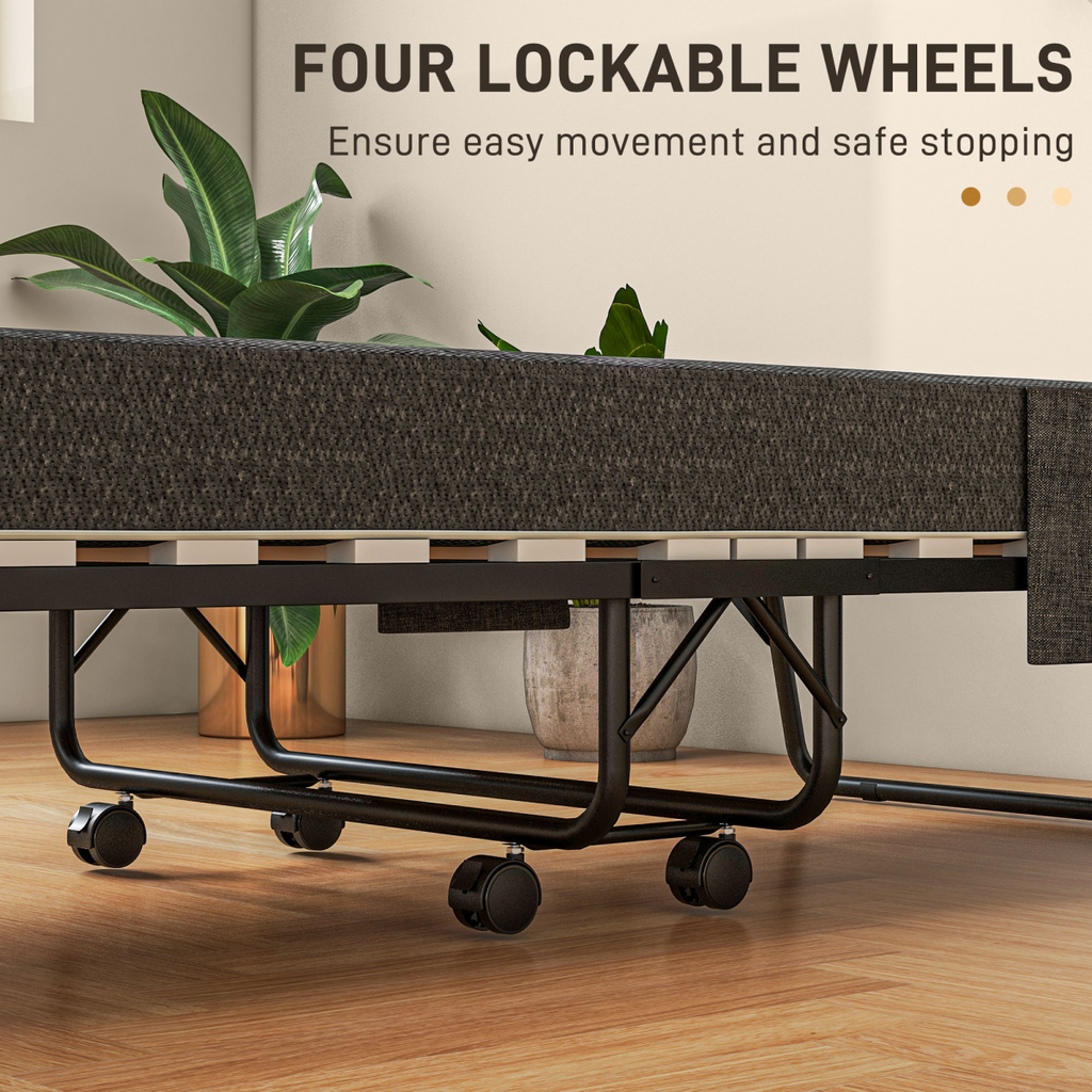 HOMCOM Folding Bed with Mattress Foldable Guest Bed on Wheels with Cover Dark Grey