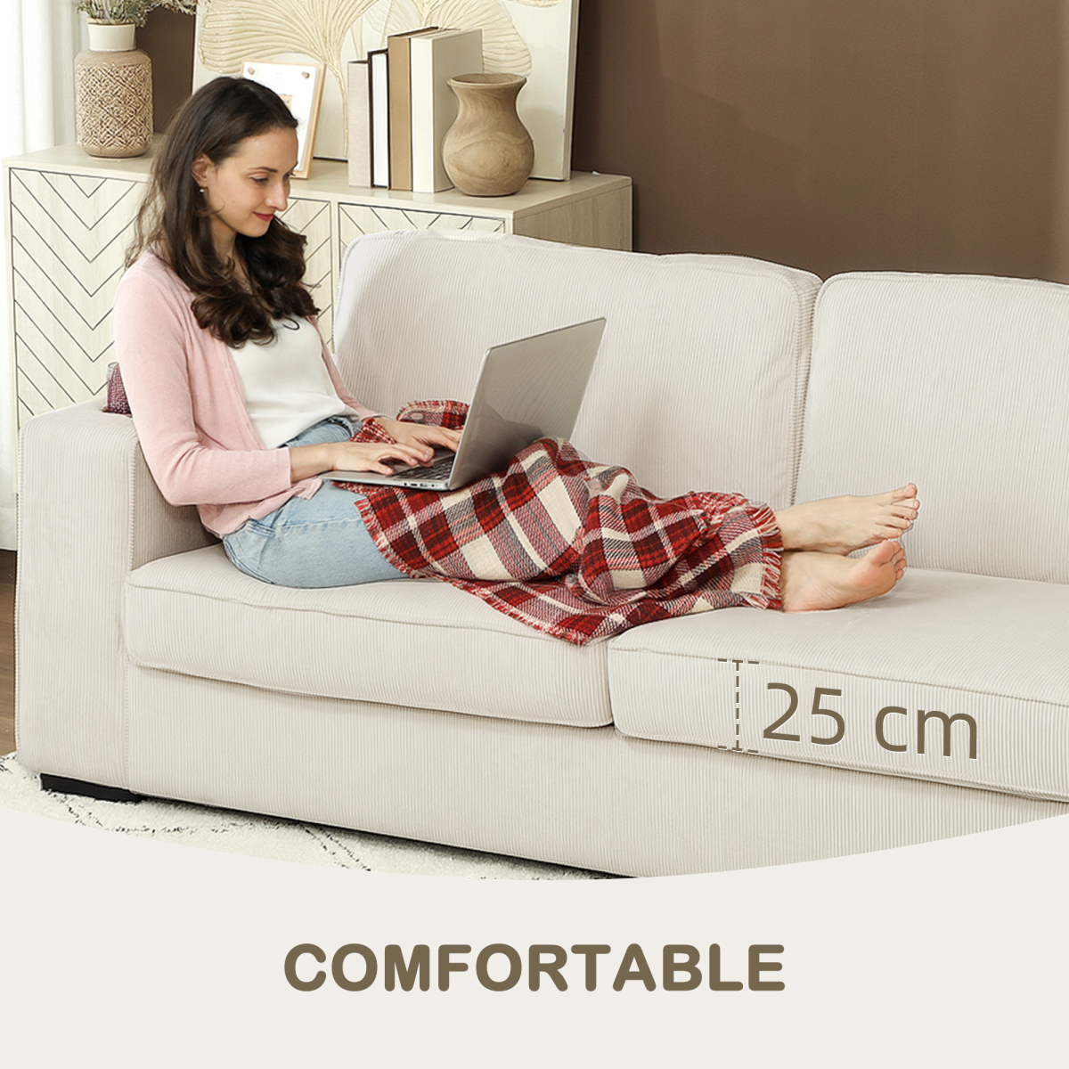 HOMCOM Modern 3 Seater Sofa Upholstered Corduroy Sofa Couch Cream White