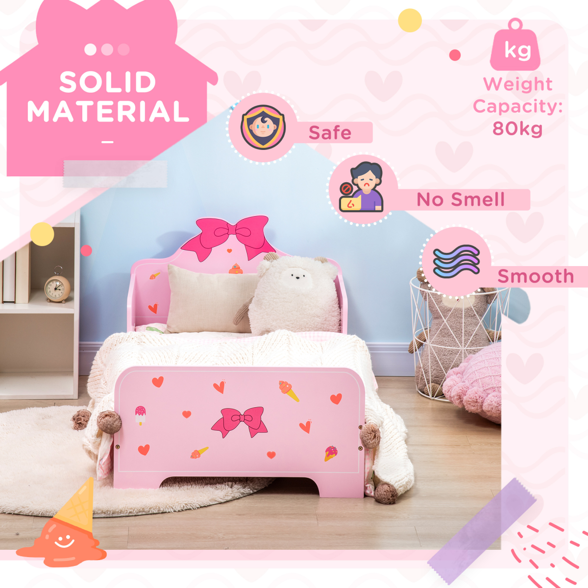 Princess-Themed Kids Toddler Bed with Cute Patterns, Safety Rails - Pink