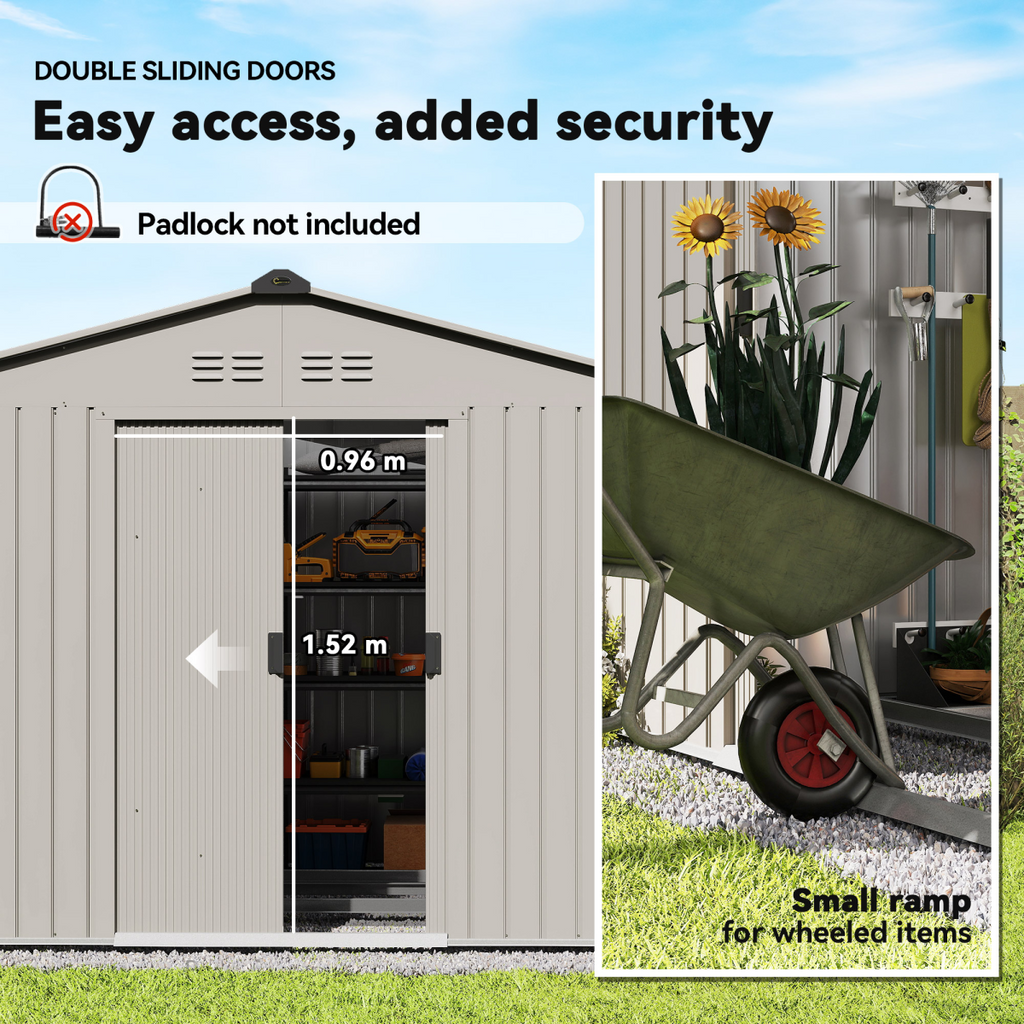 Outsunny 9 x 6FT Galvanised Garden Storage Shed with Sliding Door, Grey