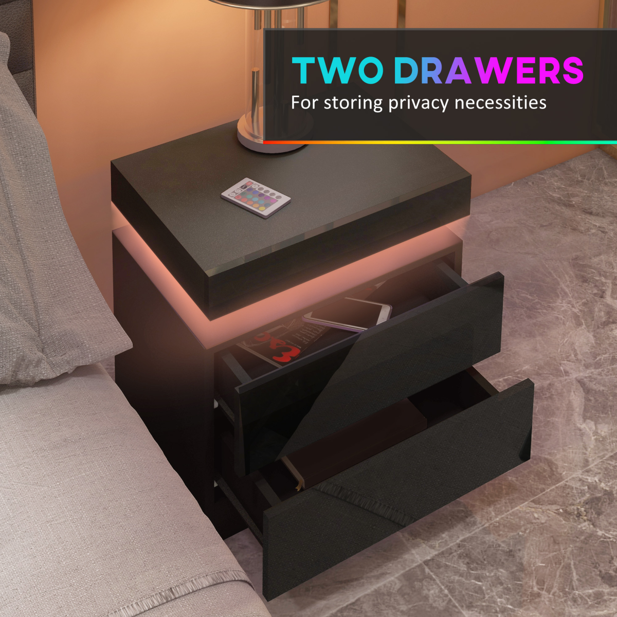 HOMCOM High Gloss Bedside Table with LED Light and 2 Drawers, Black