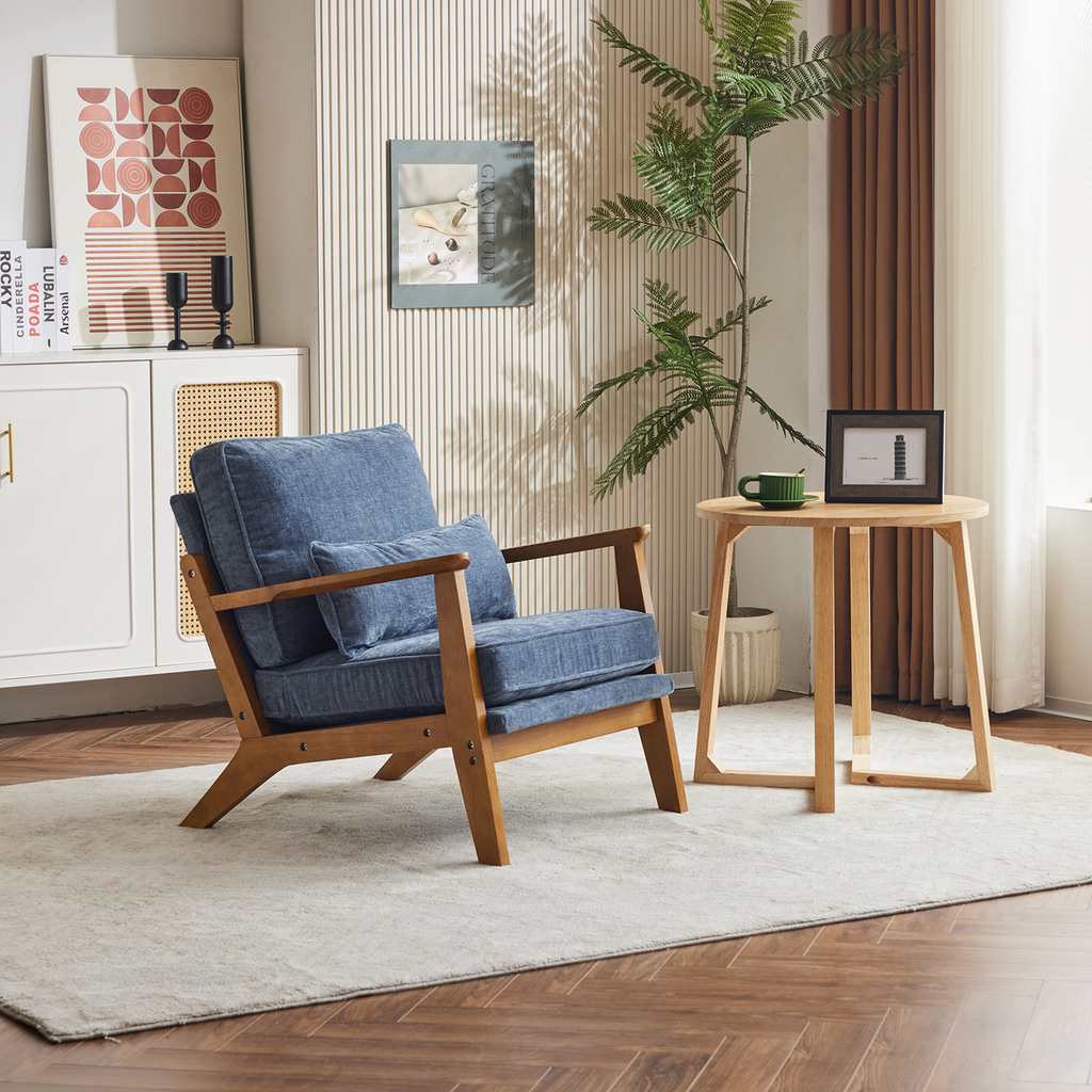 Mid-Century Oak Accent Chair - Deep Navy Blue Chenille Upholstered Single Lounge Chair, Sturdy Wood Frame Indoor Armchair (330LBS Weight Capacity)