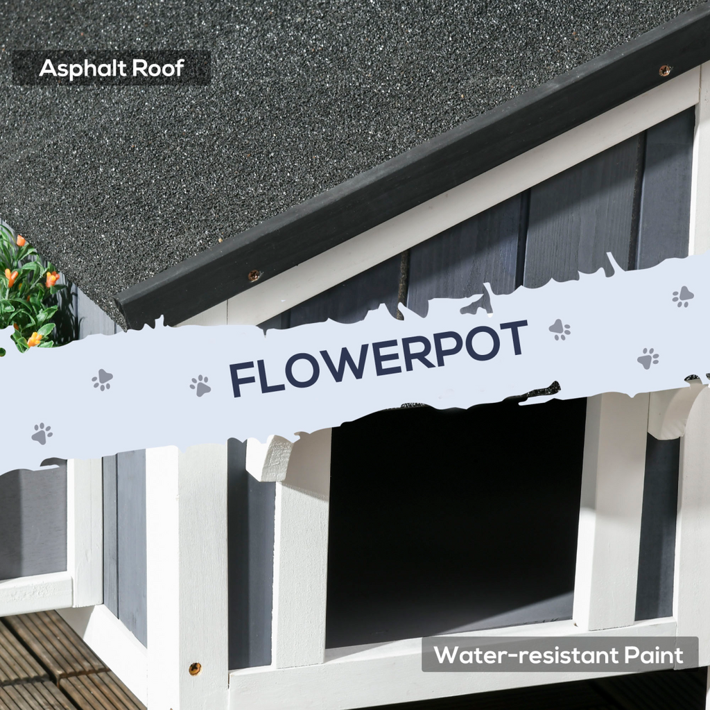 PawHut – Wooden – Cat – House – Outdoor with Flower Pot, – Window, Multiple – Entrances