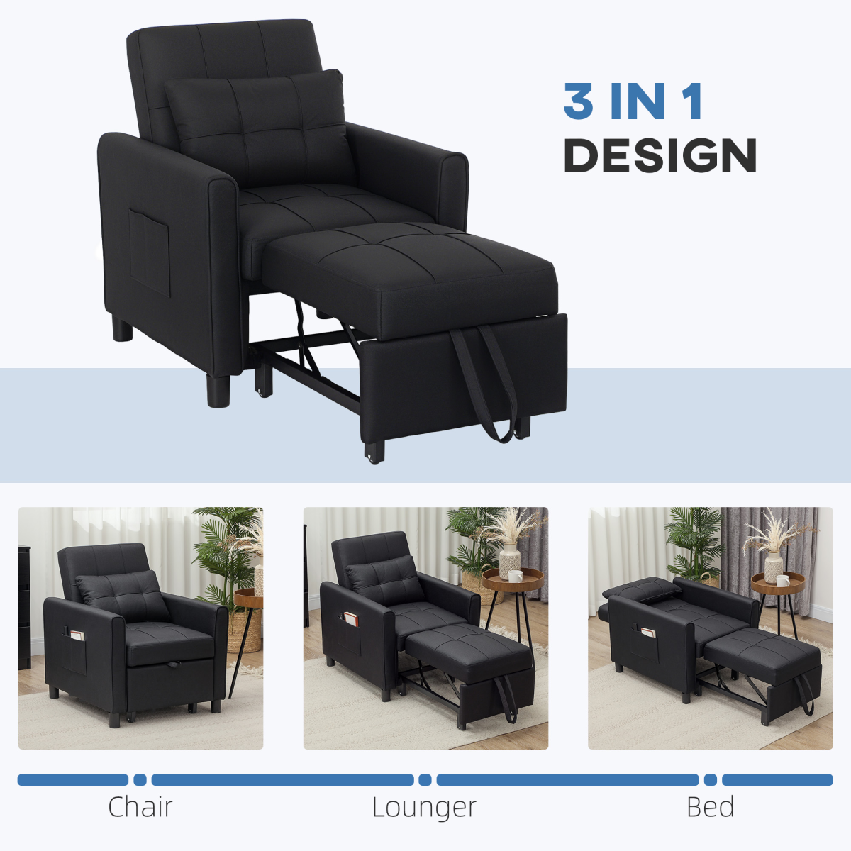 HOMCOM Folding Chair Bed, Sleeper Chair with Pillow, Side Pockets, Black