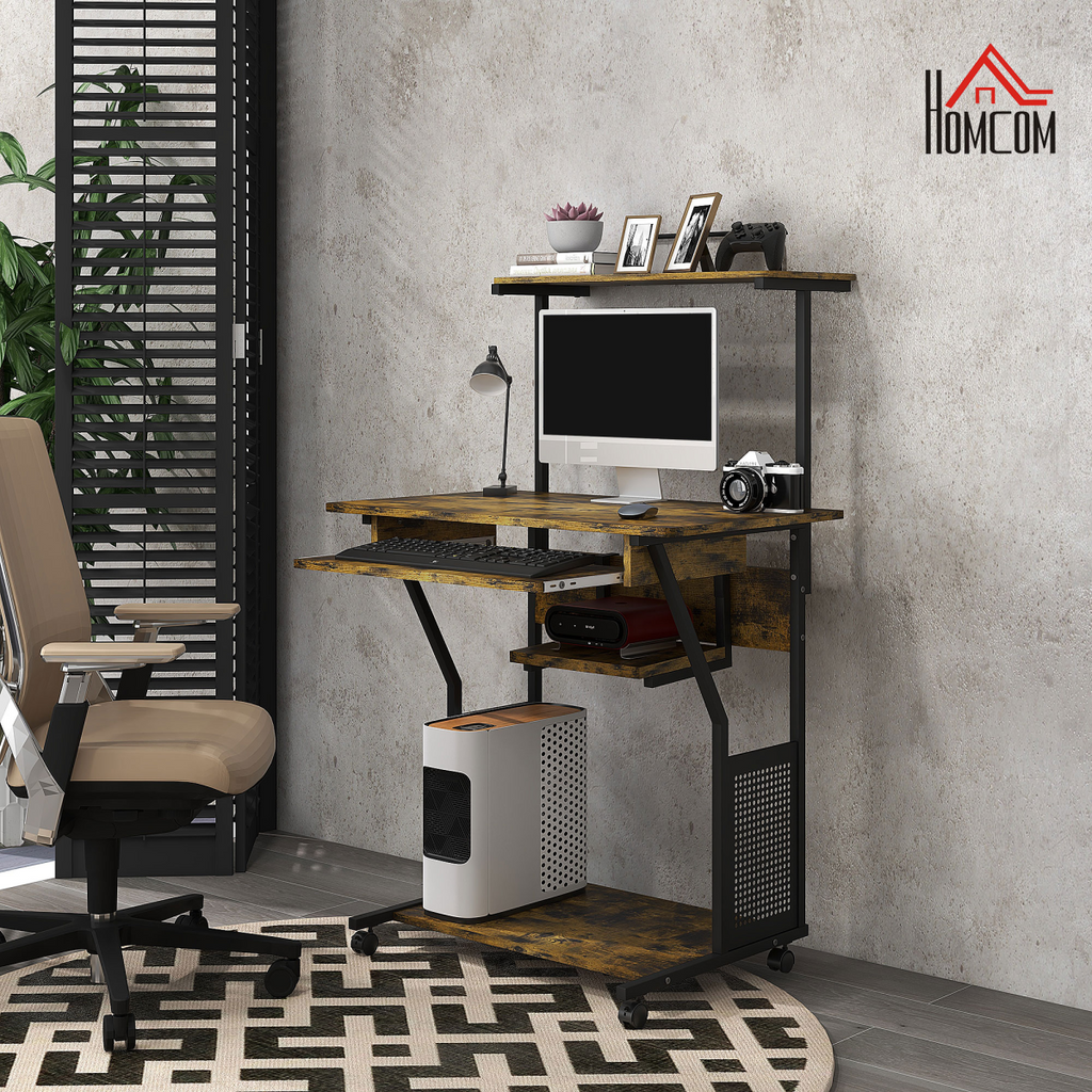 HOMCOM Rolling Computer Desk with Keyboard Tray Storage Shelves Rustic Brown