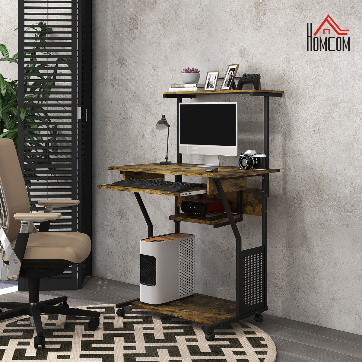 HOMCOM Rolling Computer Desk with Keyboard Tray Storage Shelves Rustic Brown