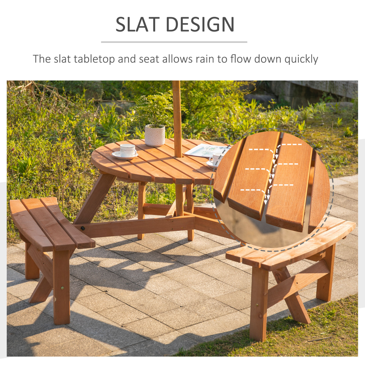 Outsunny Round Table with 3 Attached Benches-Fir Wood