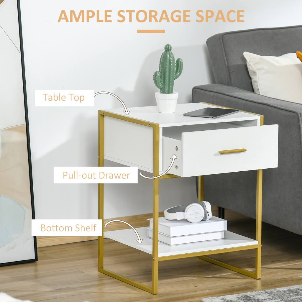 Modern Bedside Table Side Table Nightstand w/ Drawer Shelf White Gold