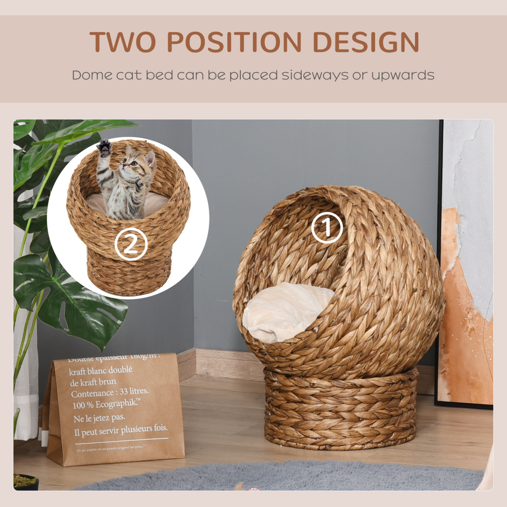 PawHut Elevated Kitten Hooded Rattan Cat House Basket Cushion, 52x42x60cm Brown