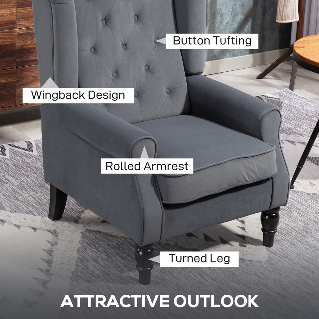 Grey Tufted Velvet High-Back Armchair