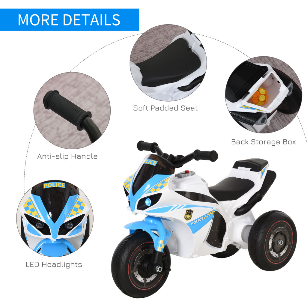 HOMCOM Kids Ride-On Police Bike 3-Wheel Vehicle with Music Lights 18-36 Mths
