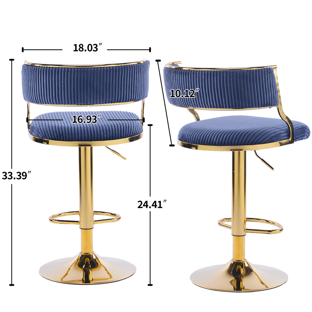 2pcs Blue Corduroy Swivel Bar Stools with Gold Plated Trumpet Base and Height
