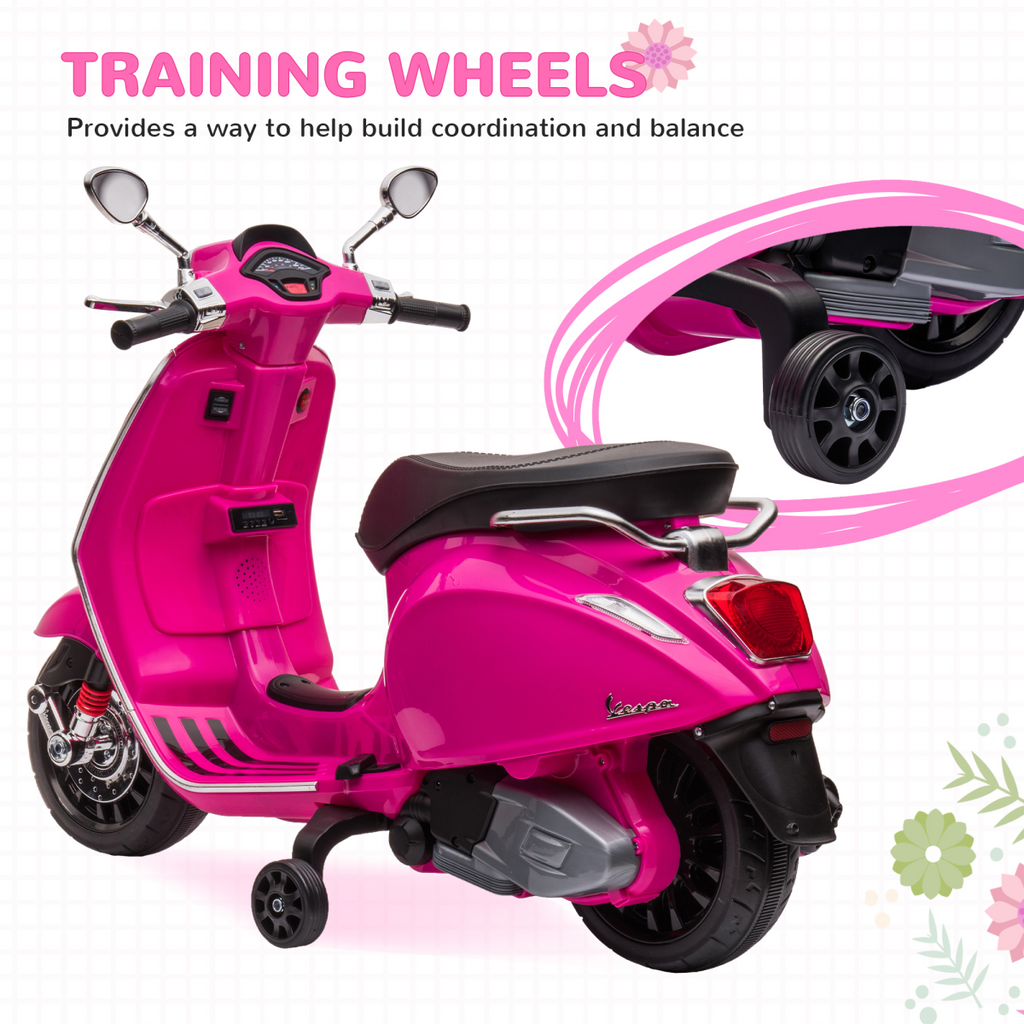 AIYAPLAY Vespa Licensed 12V Kids Electric Motorbike with 2 Training Wheels - Pink