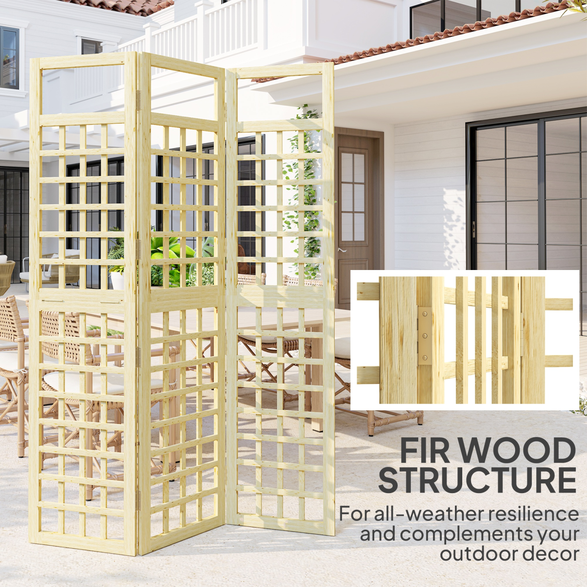 Outsunny 3-Panel Wooden Garden Privacy Screen, Natural Wood Finish