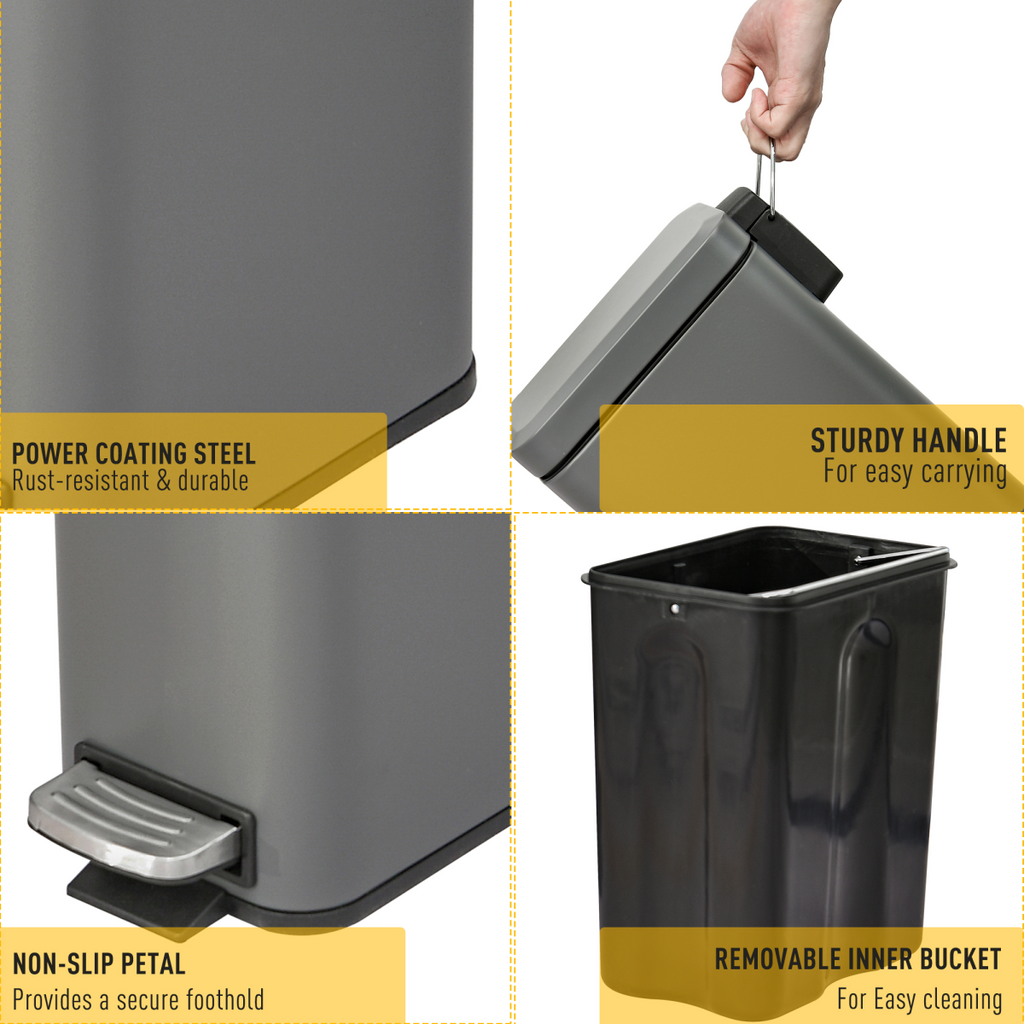 5L Steel Step Trash Can with Quiet-Closed Lid, Silent and Gentle Open