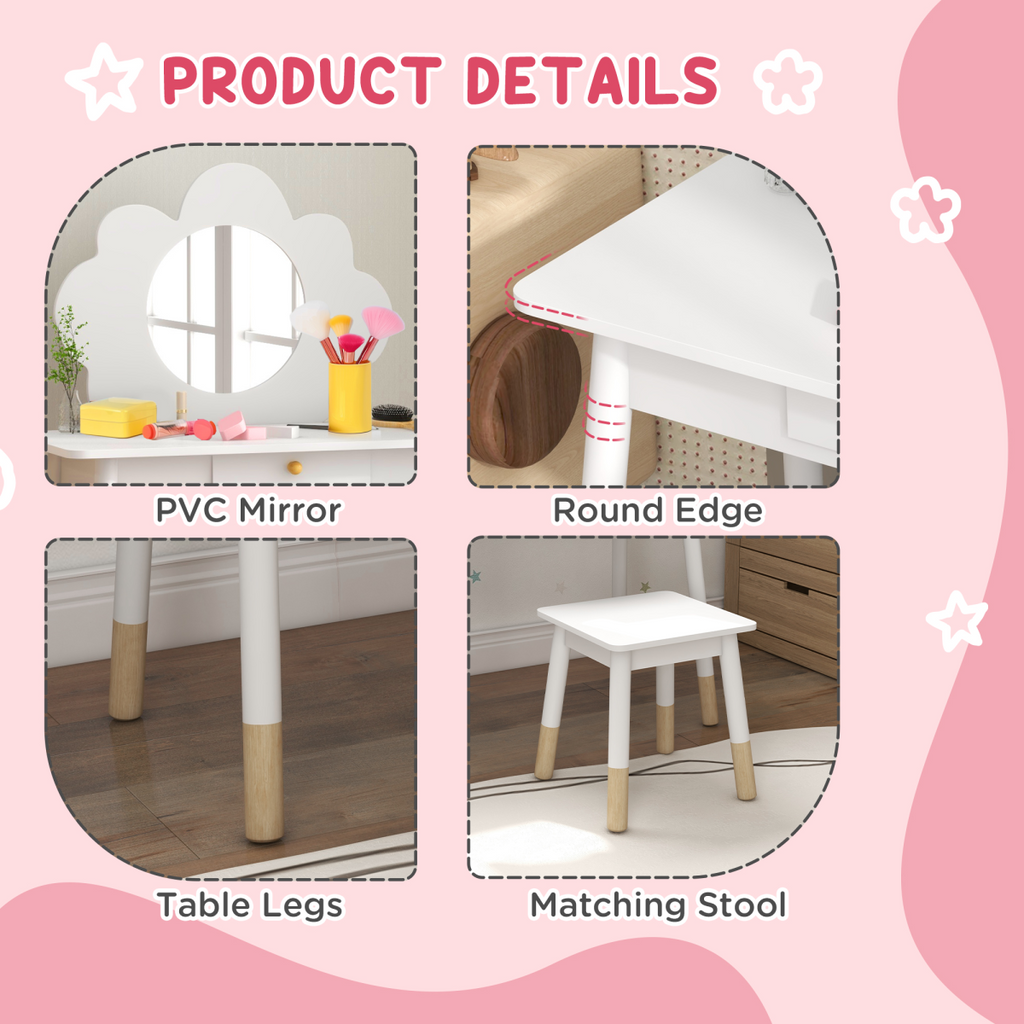 AIYAPLAY Kids Dressing Table with Mirror and Stool, Drawer, Cloud Design