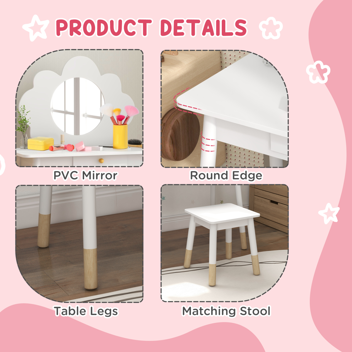 AIYAPLAY Kids Dressing Table with Mirror and Stool, Drawer, Cloud Design