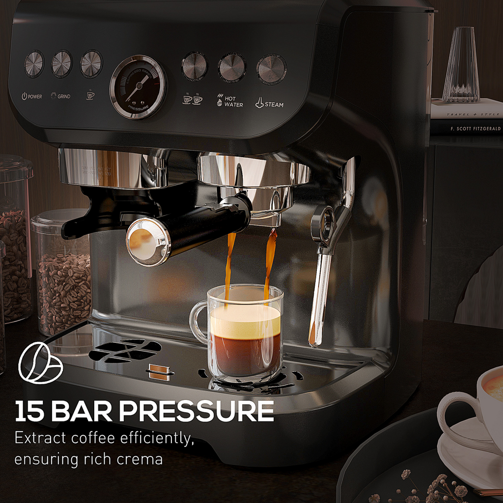 Espresso Coffee Machine with Integrated Bean Grinder & Steam Wand 15 Bar Pressure