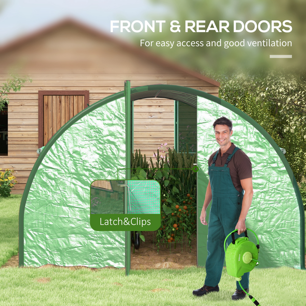 Outsunny Tunnel Greenhouse, Upgraded Structure, Hinged Doors, 6 x 3(m), Green