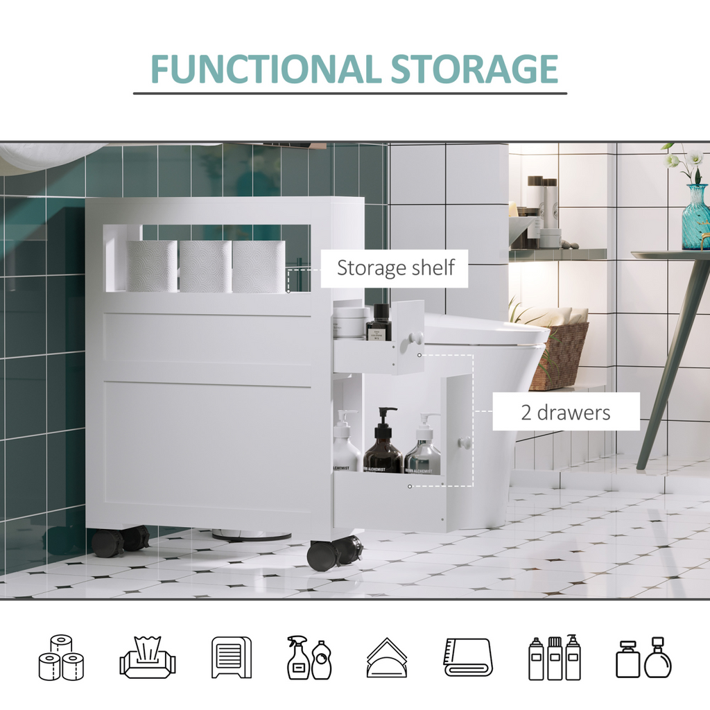 HOMCOM 72x16cm Narrow Bathroom Storage Unit 2 Drawers Open Top 4 Wheels