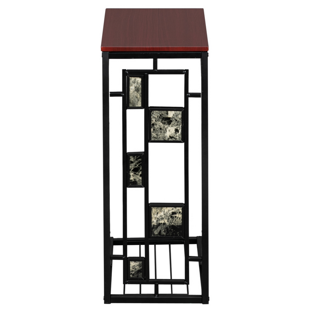 C-Shaped End Table with Gravel Pattern, Brown Top & Black Powder-Coated Base