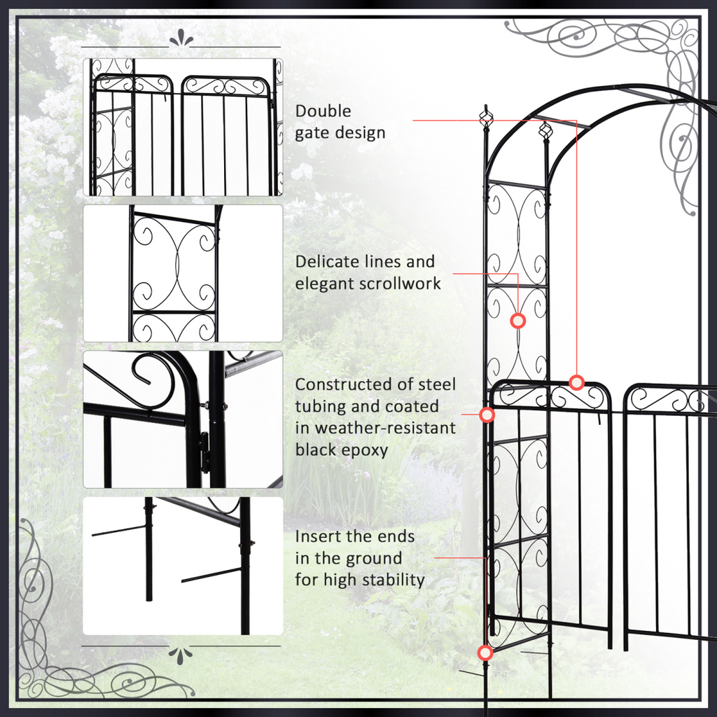 Metal Decorative Backyard Arch Gate Garden Arbor for Climbing Plants Outsunny
