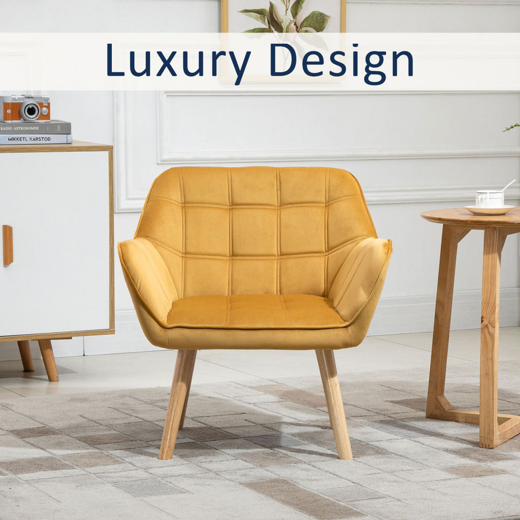 Luxe Velvet-Feel Accent Chair w/ Wide Arms Slanted Back Padding Wood Legs Yellow