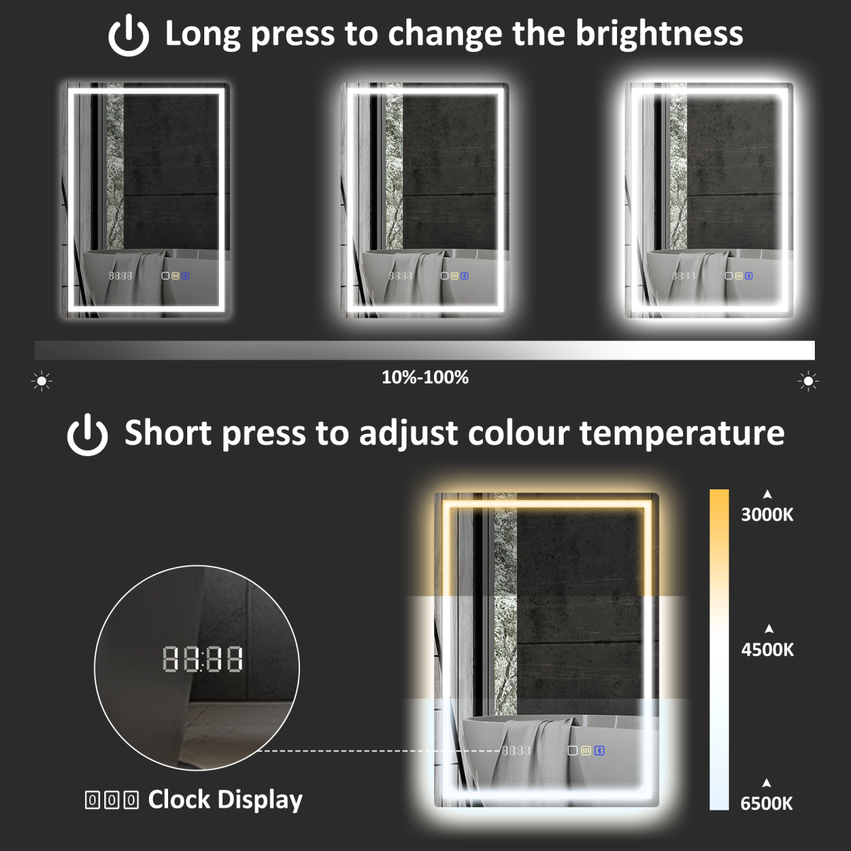 HOMCOM 500 x 700 mm Bathroom Mirror with Bluetooth Clock Lights Demister Pad