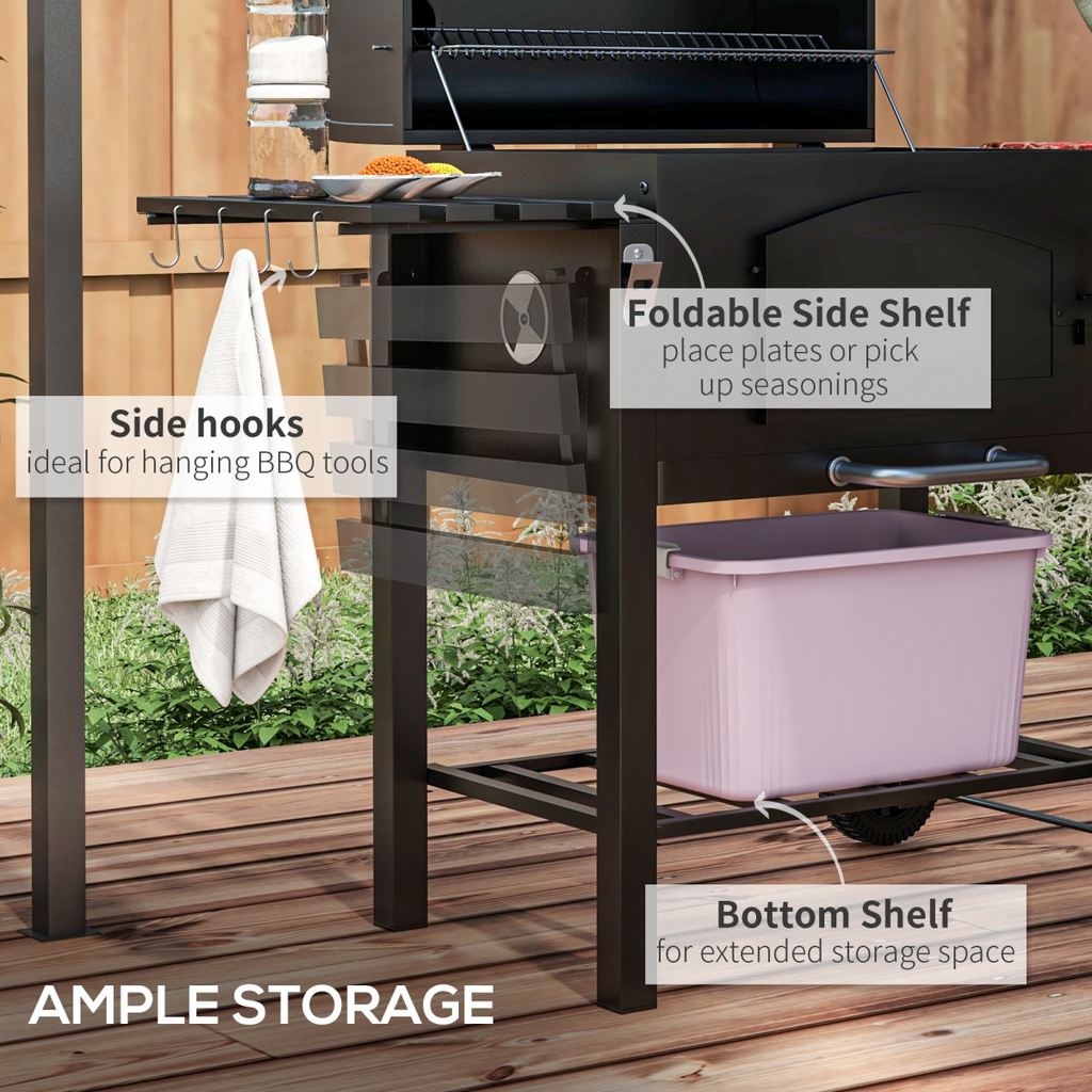 Outsunny Charcoal Grill BBQ Trolley w/ Adjustable Charcoal Height & Thermometer