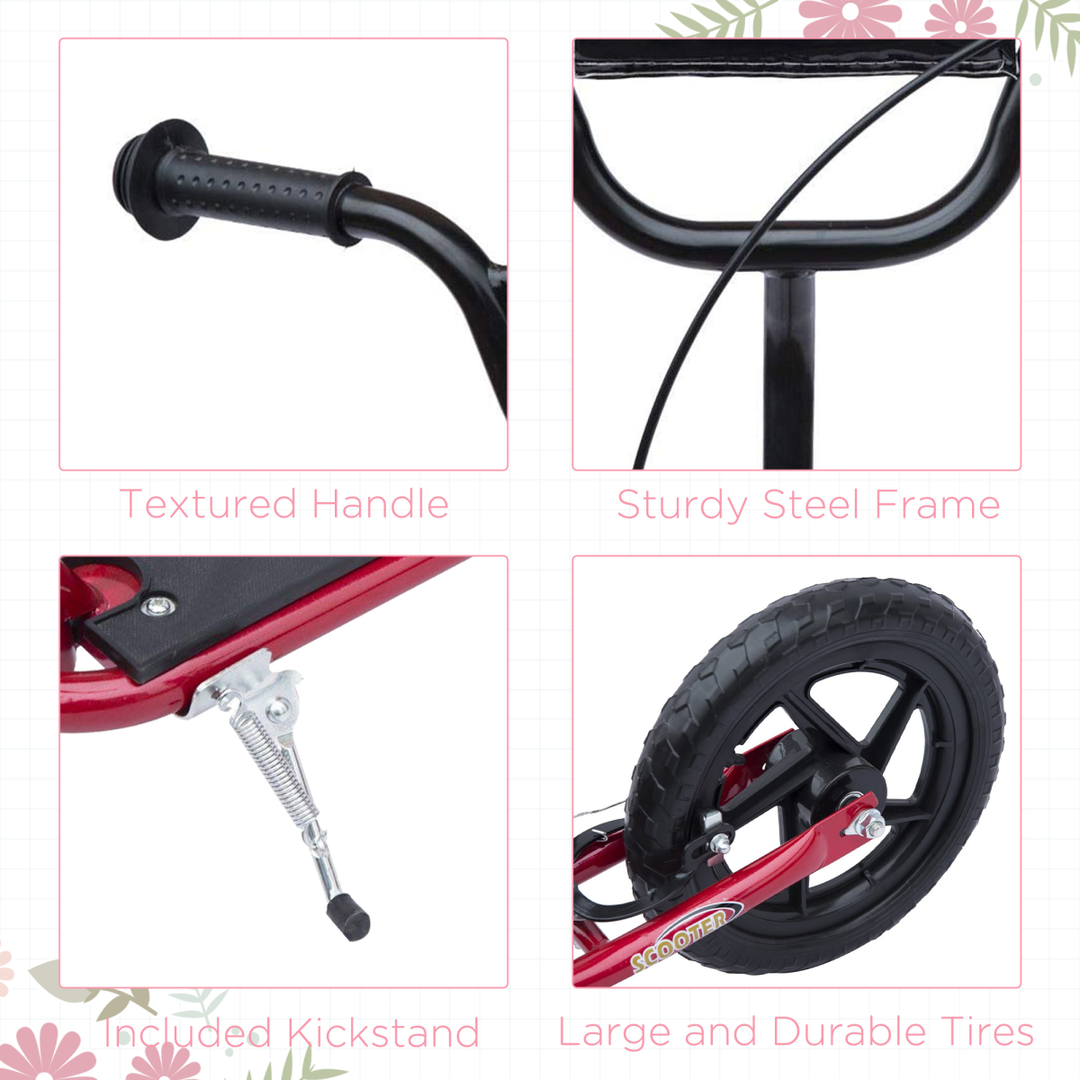 Push Scooter Teen Kids Stunt Bike Ride On with 12" EVA Tyres, Red HOMCOM