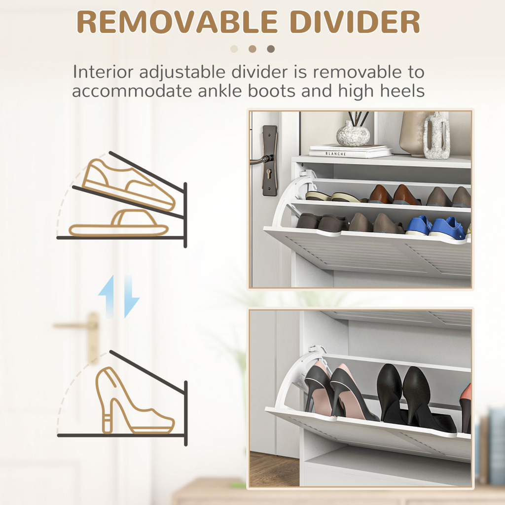 HOMCOM Slim Shoe Storage Cabinet with 2 Flip Drawers for Entryway, White
