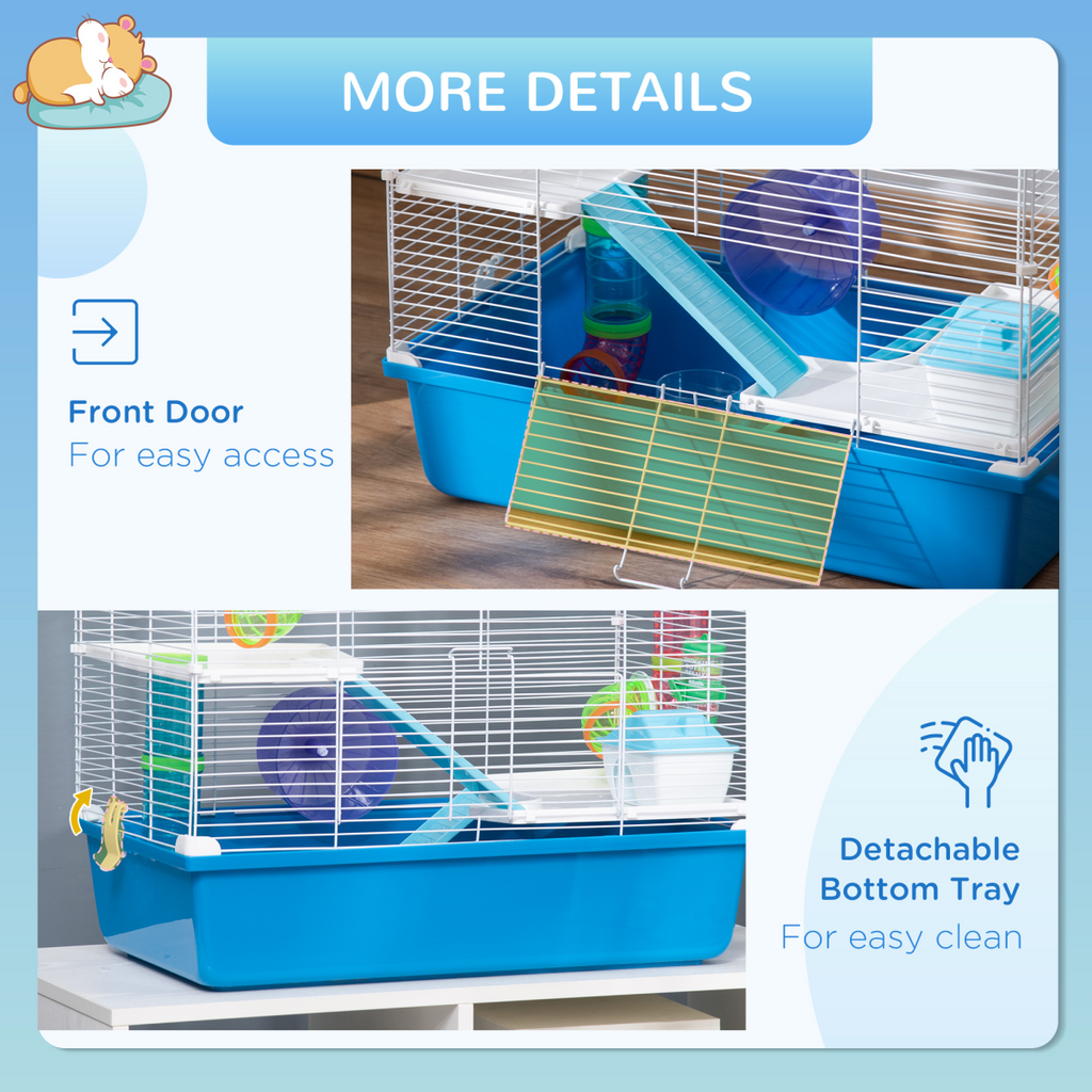 Hamster Cage Rodents House w/ Tubes Exercise Wheel, Water Bottle -  Blue