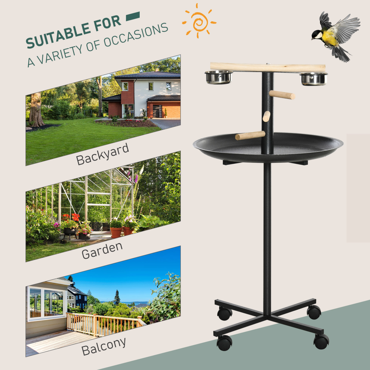 Bird Play Stand Portable Feeder Station w/ Wooden Perches, Stainless Steel Bowls