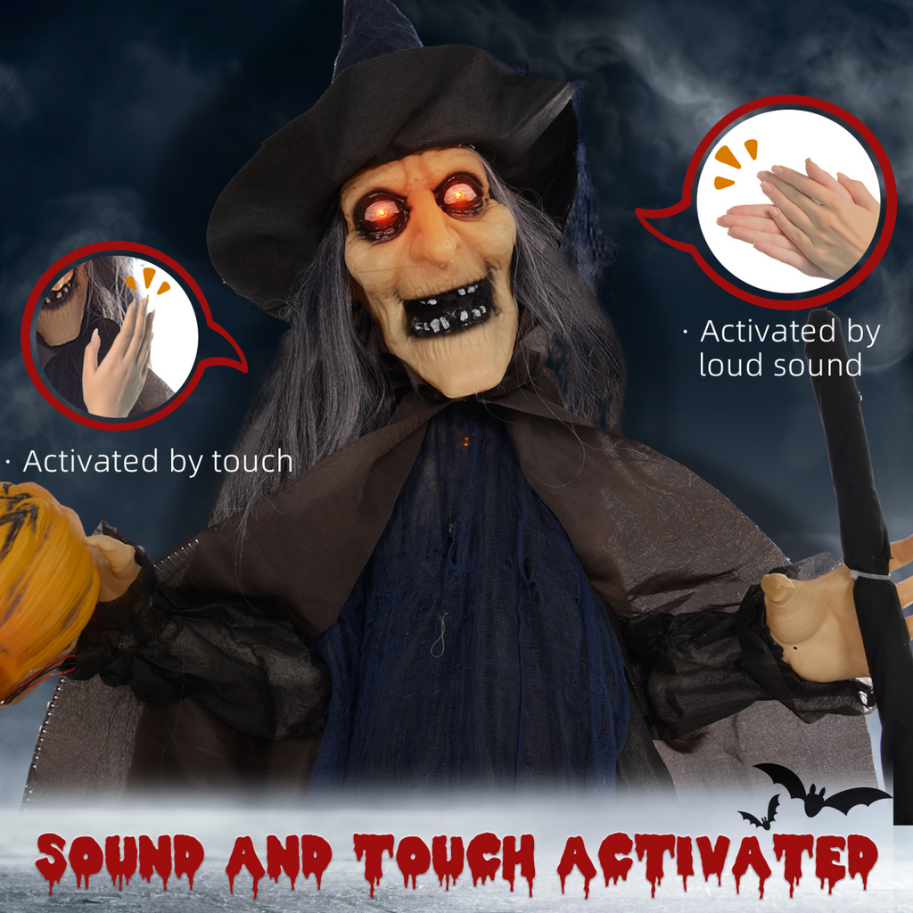 HOMCOM Halloween Witch with Broomstick Animatronic Prop with Light Up Eyes
