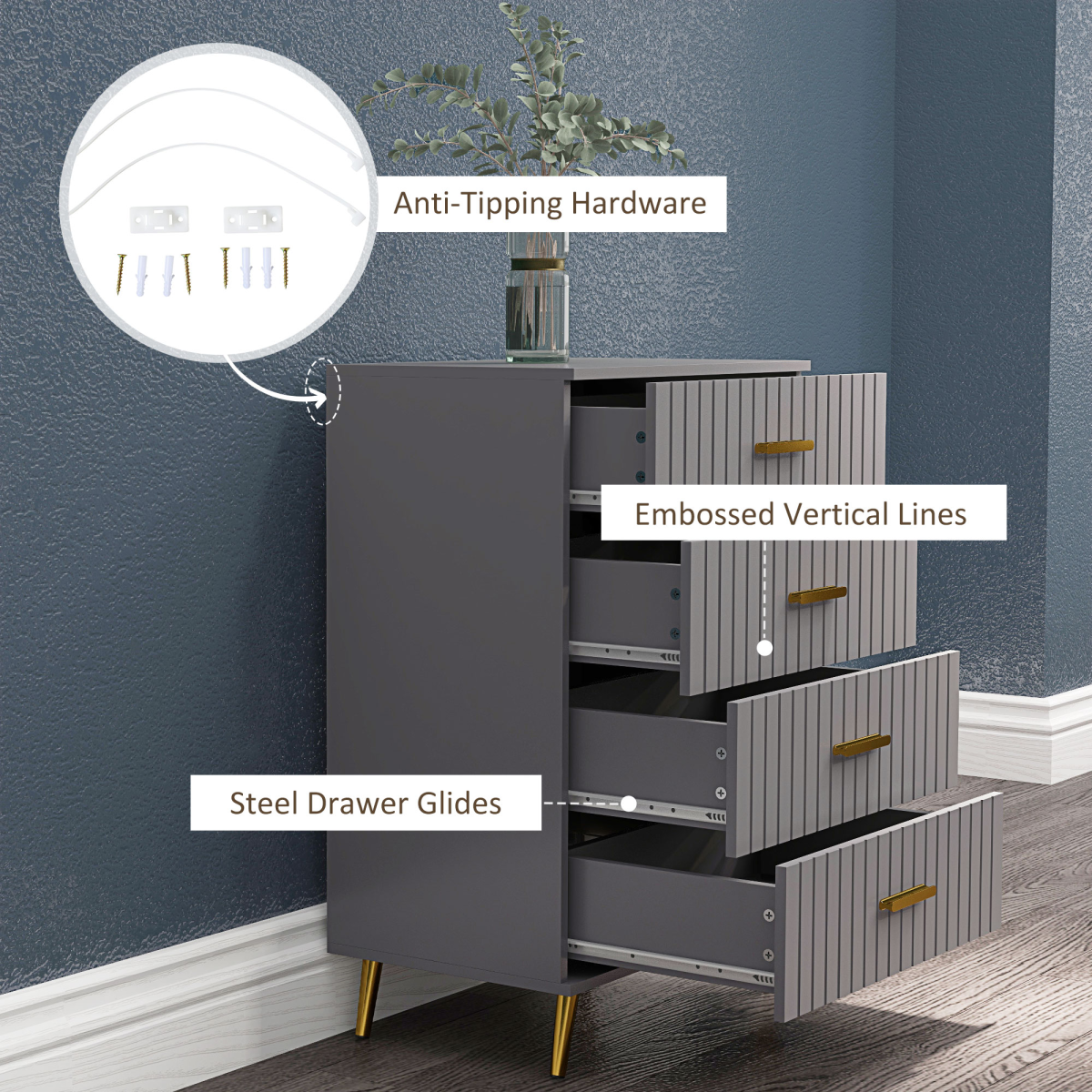 HOMCOM Bedroom Chest of Drawers, 4-Drawer Dresser with Aluminium Legs