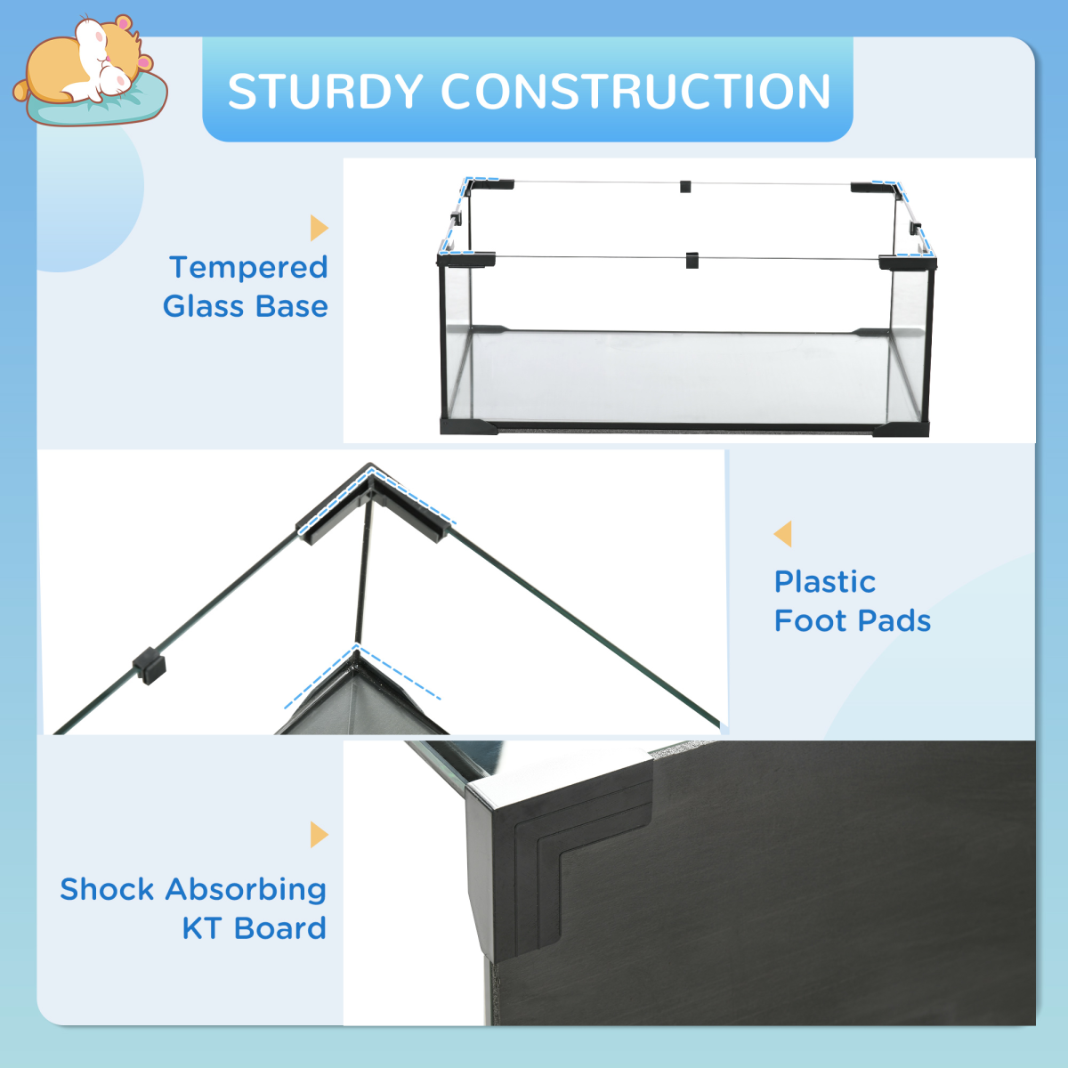 3 Tiers Hamster Cage w/ Deep Glass Bottom, Dish, Hut, 60 x 40 x 57cm